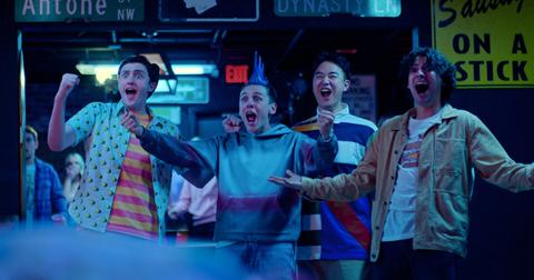 (L-R) Gianni DeCenzo as Demetri, Jacob Bertrand as Hawk, Joe Seo as Kyler, and Xolo Maridueña as Miguel in Season 6 of 'Cobra Kai.'