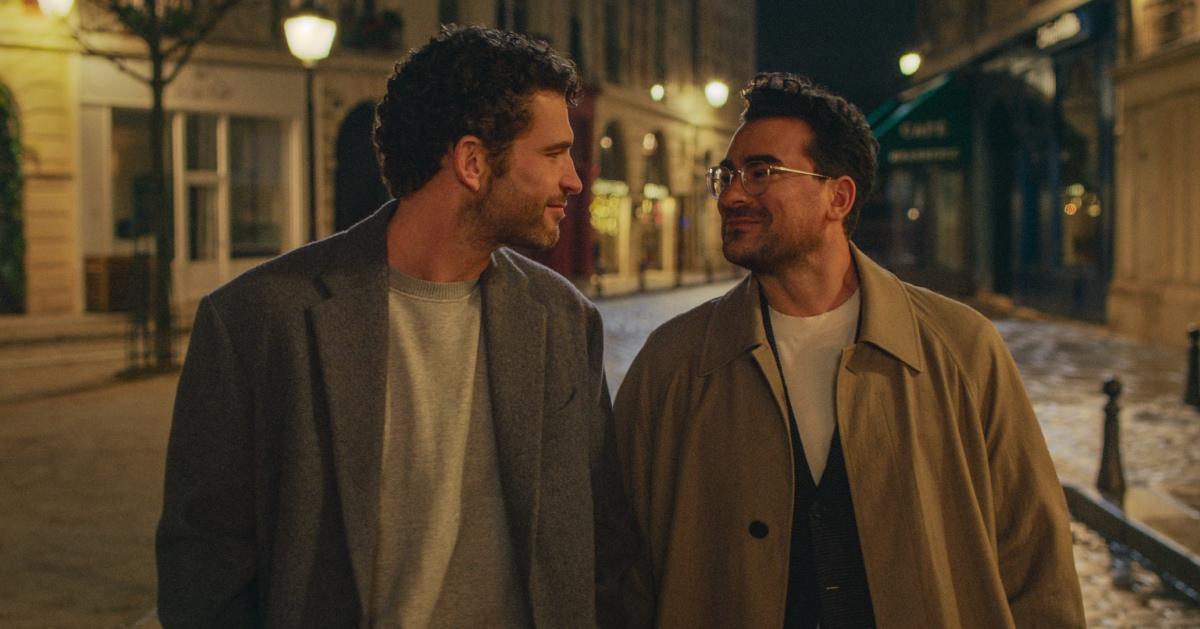 Marc and Theo walking along a street in Paris in 'Good Grief'