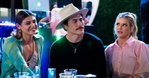 Rachel, Tom, and Ariana sit at a table together on Vanderpump Rules