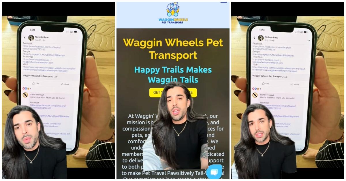 Man with long hair and black shirt explains how his French bulldog died and shares a screenshot of the company who did it.