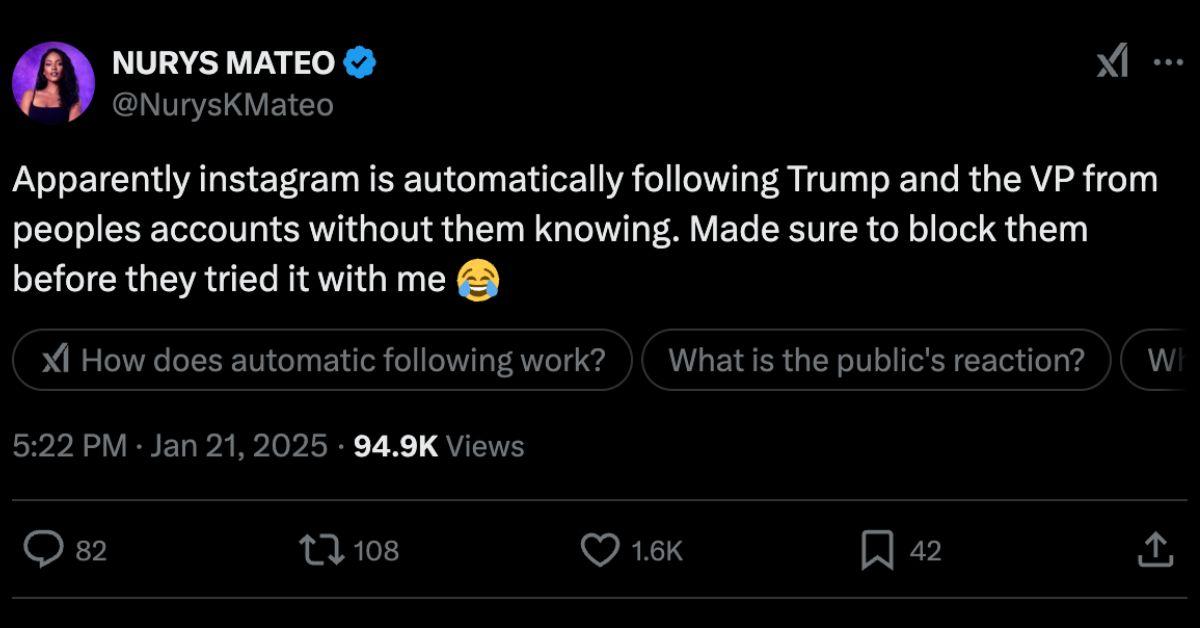 A Twitter post about Instagram automatically following Trump. 