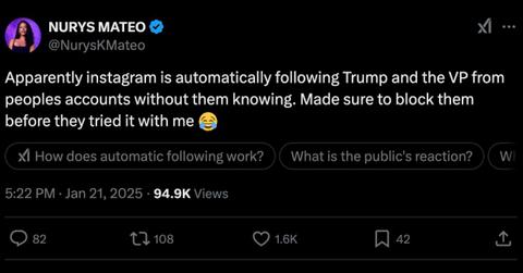 A Twitter post about Instagram automatically following Trump.