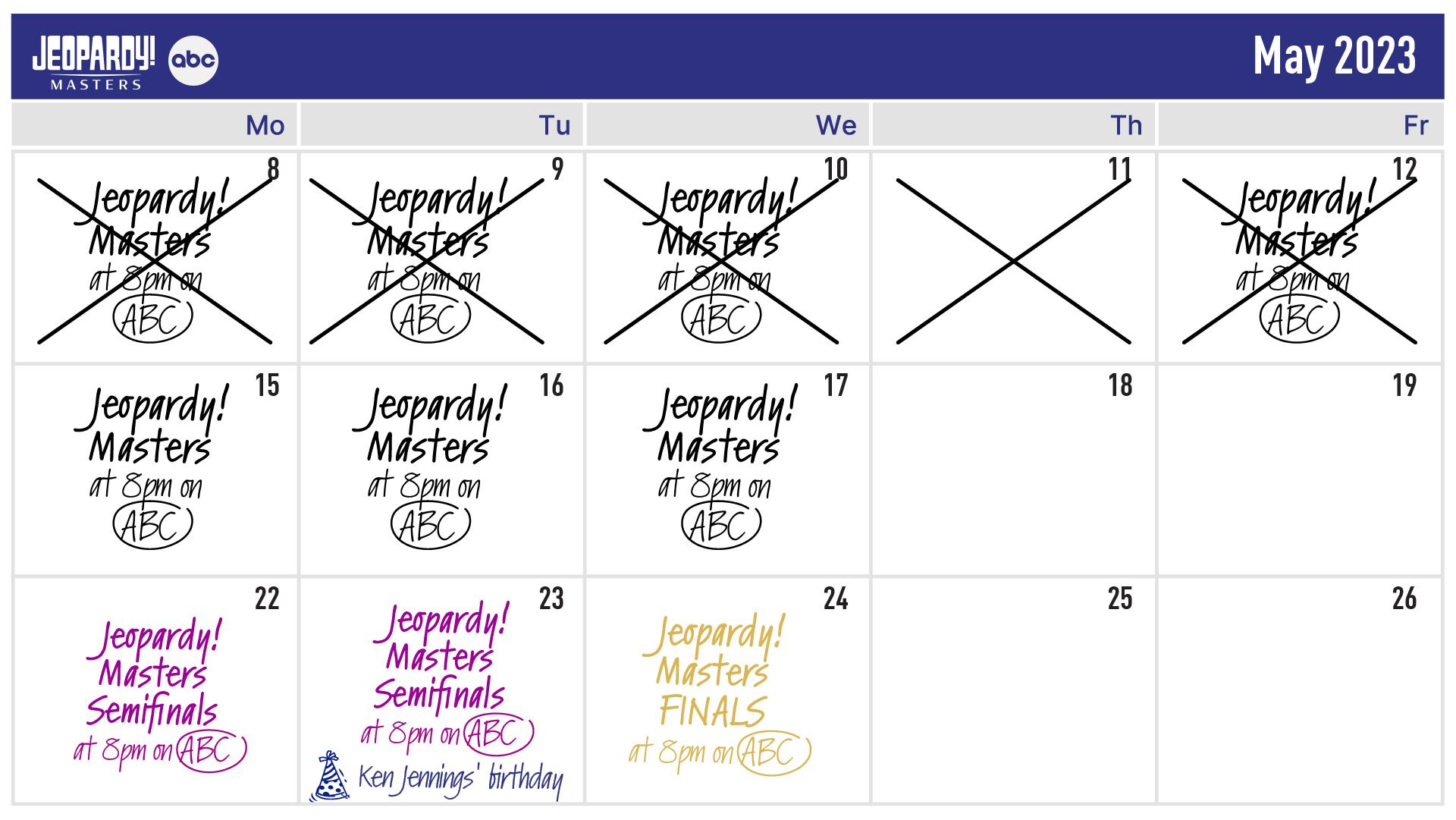 The official 'Jeopardy! Masters' episode release schedule.