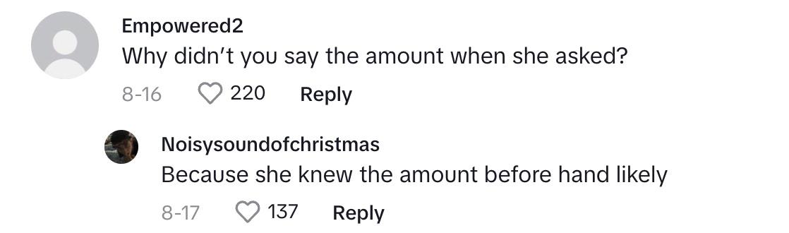 A commenter asking why the makeup artist didn't say the amount when the client asked