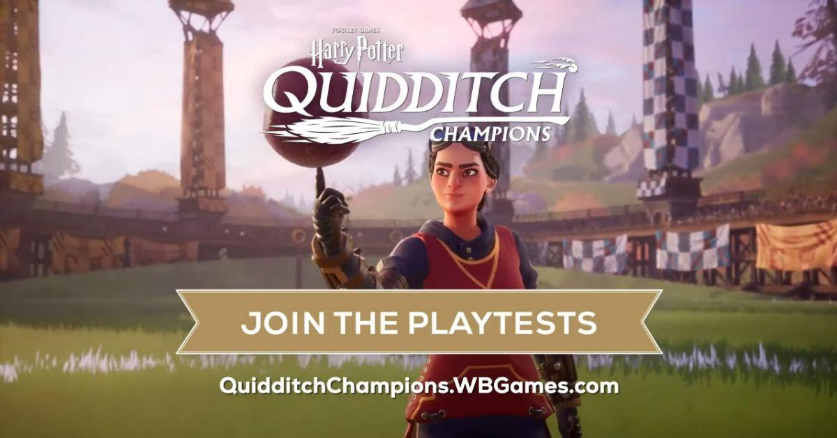 A player from Quidditch Champions posing on a pitch, along with details about the upcoming playtests.