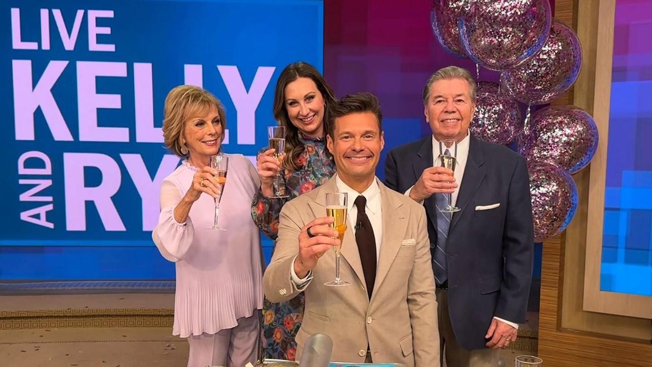 Ryan Seacrest toasting to the end of his run on 'Live With Kelly and Ryan' with his parents and sister.