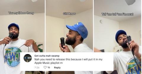 Paul Russell holds a microphone and sings viral "You My Lil' Boo Thang" song on TikTok.