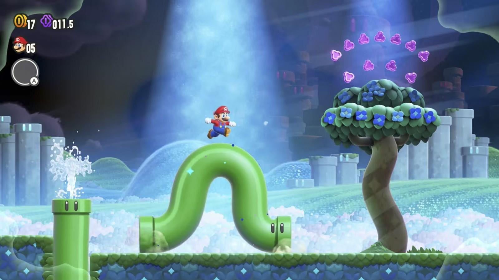 'Super Mario Bros. Wonder' Mario running over a worm-like green pipe.