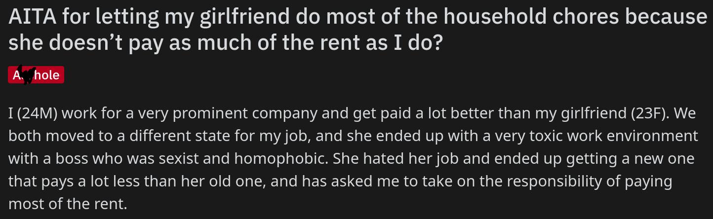 Boyfriend Doesn’t Want to Do Chores Because He Pays More in Rent