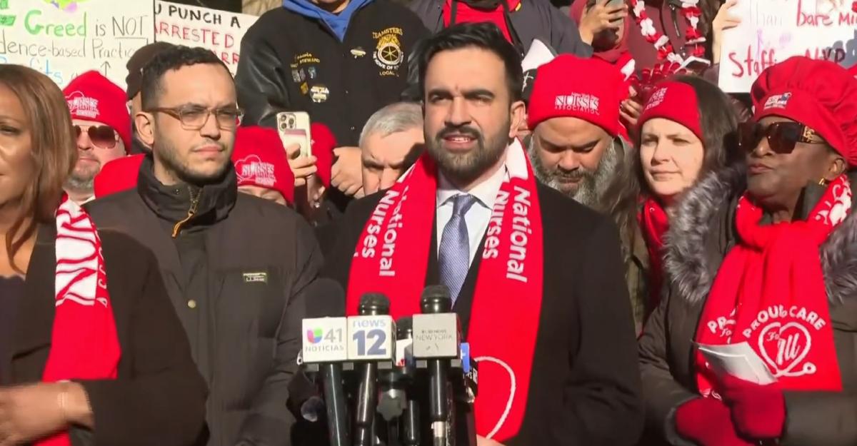 NYC Mayor Zohran Mamdani gives a speech at the nurses strike in early 2026.