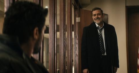 (Billy Butcher) Karl Urban looks to the left and sees a smiling Joe Kessler (Jeffrey Dean Morgan) in Season 4 of 'The Boys.'
