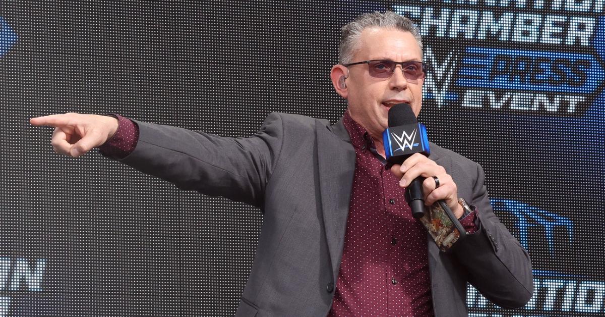 Michael Cole at the WWE Elimination Chamber press conference in February 2024.