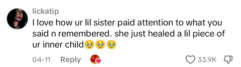 TikTok comment about younger sister giving her older sister a gift