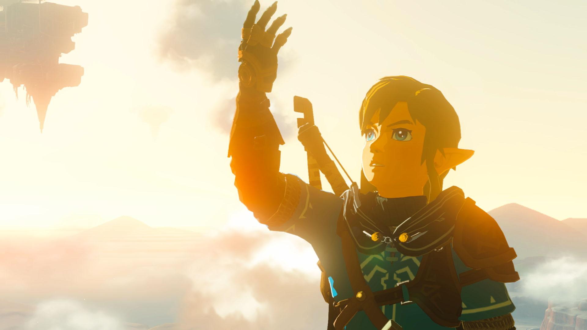 'Tears of the Kingdom' Link examining his new arm with bizarre abilities.
