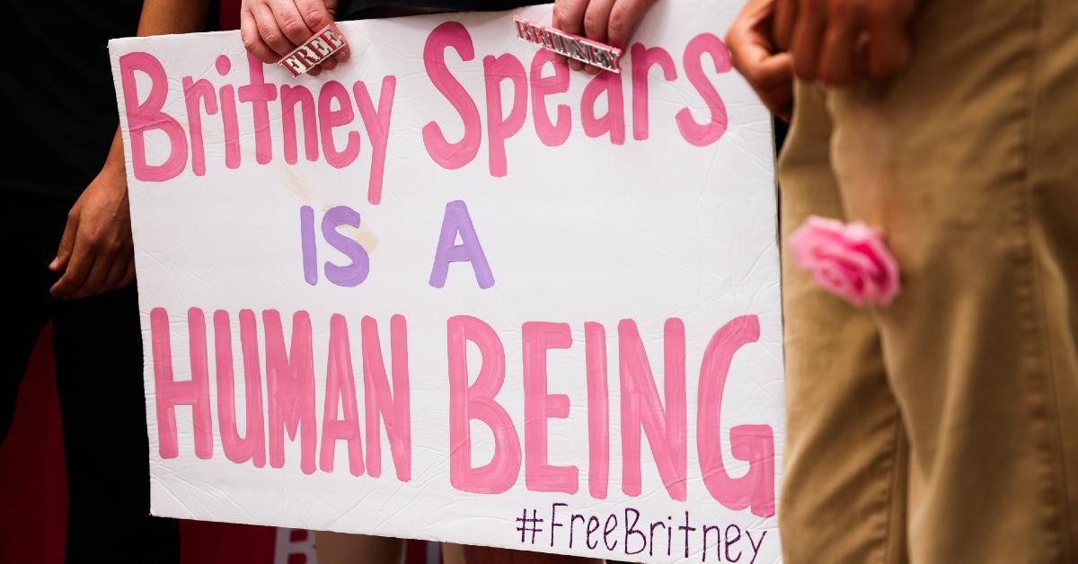 Fans protest at Britney Spears' court hearing on June 23, 2021.