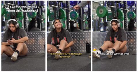 A guy tells girl at the gym she's doing too much.