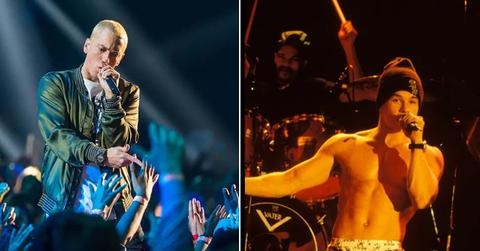 Eminem and Mark Wahlberg rapping in different performances