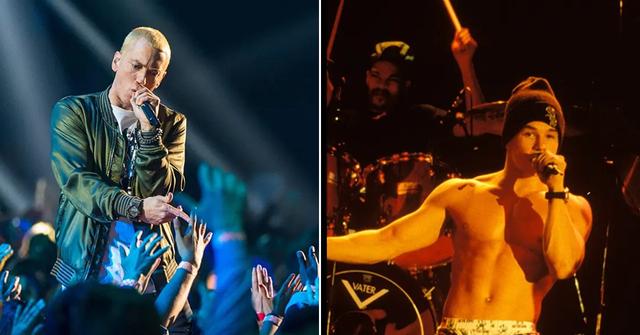 Eminem and Mark Wahlberg rapping in different performances