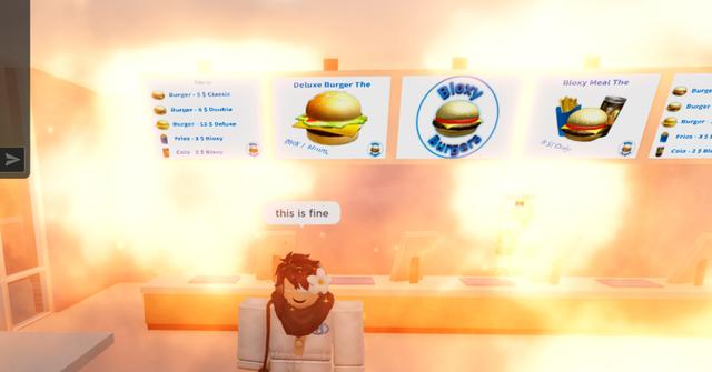 'Roblox' Player standing inside a burning Bloxy Burgers.