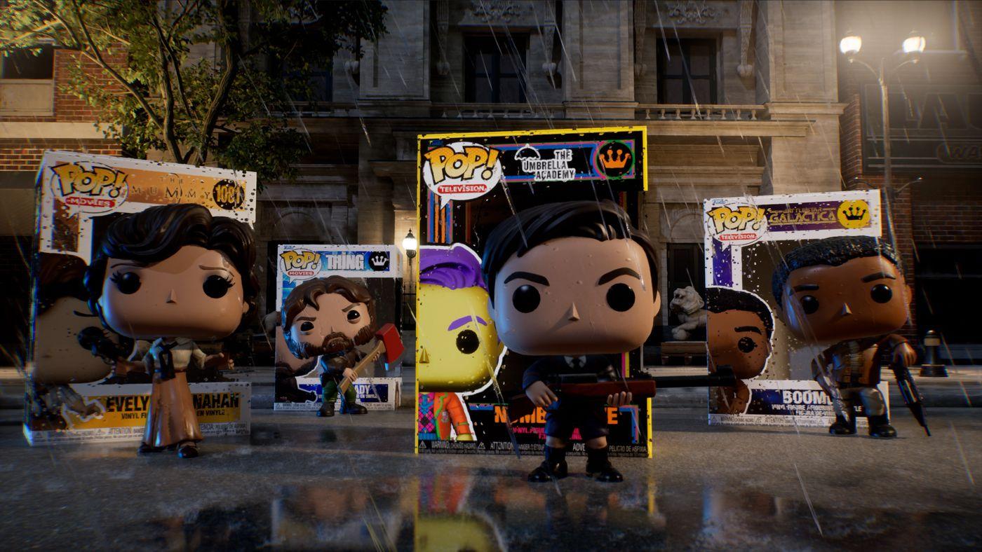 'Funko Fusion' Characters standing outside their Funko Pop boxes in the rain.