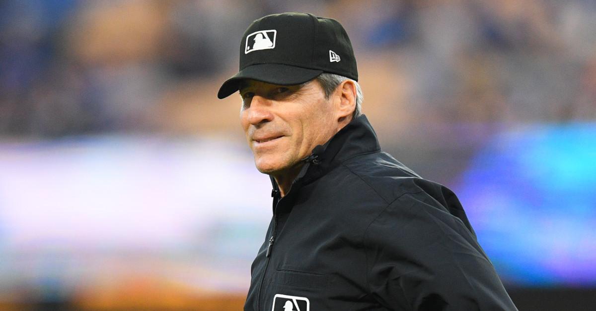 Umpire Ángel Hernández watches an MLB game between the New York Mets and the Los Angeles Dodgers on April 19, 2024, at Dodger Stadium in Los Angeles