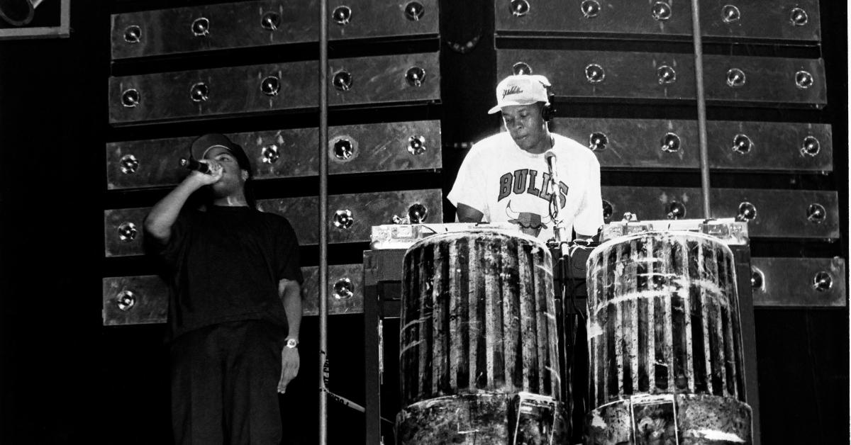Ice Cube and Dr. Dre on stage in 1989