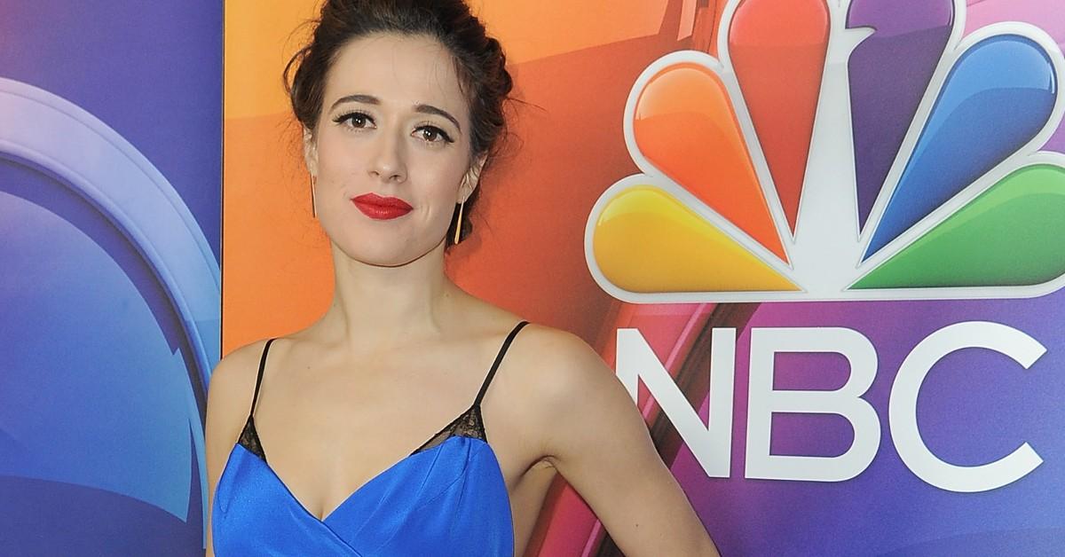 Marina Squerciati, in a blue and black dress, at the 2016 Winter TCA Tour