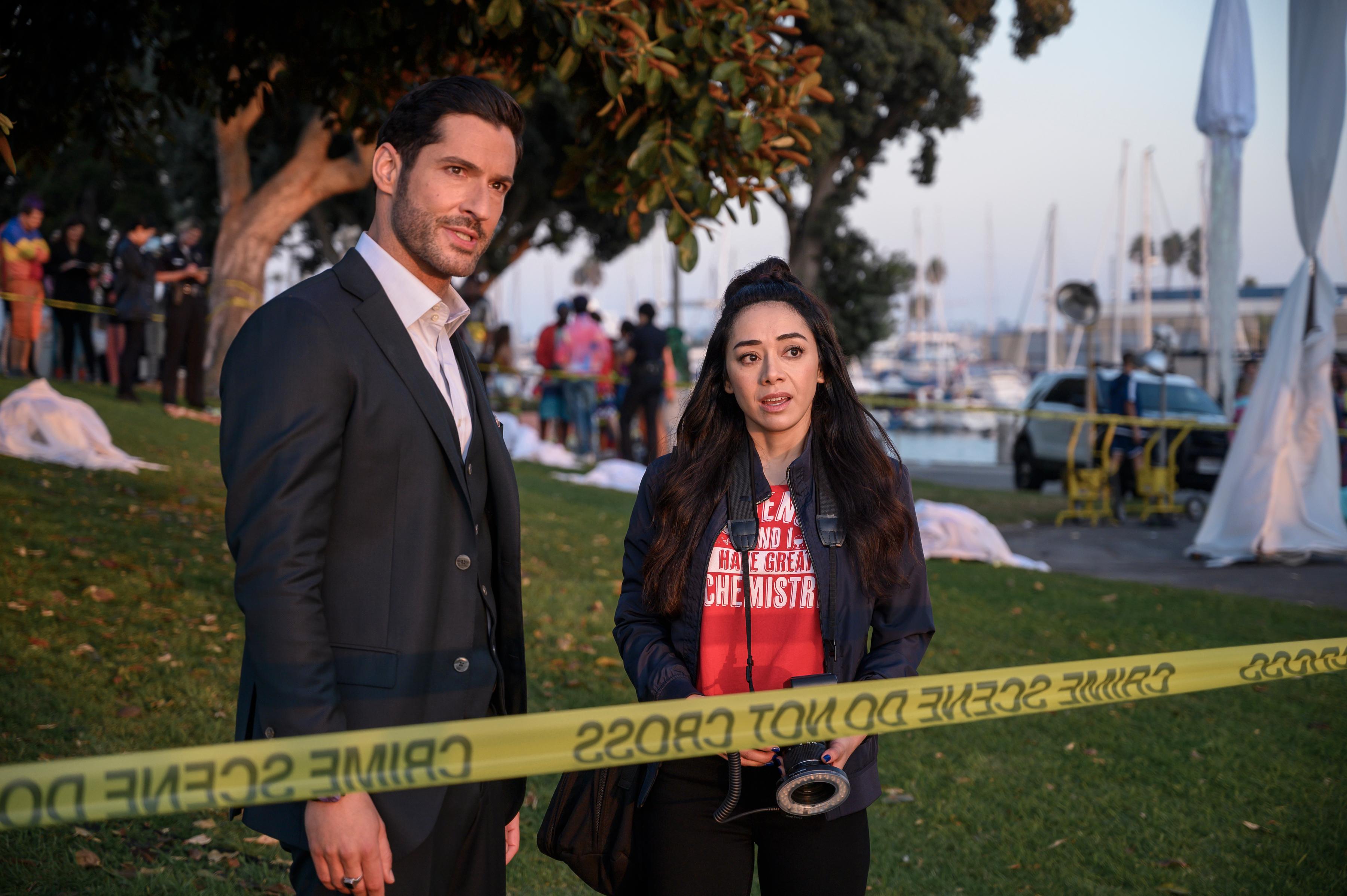 TOM ELLIS as LUCIFER MORNINGSTAR and AIMEE GARCIA as ELLA LOPEZ