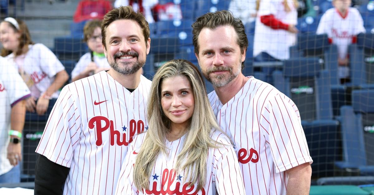 (l-r): Will Friedle, Danielle Fishel, and Rider Strong during a game between the Philadelphia Phillies and the Pittsburgh Pirates at Citizens Bank Park