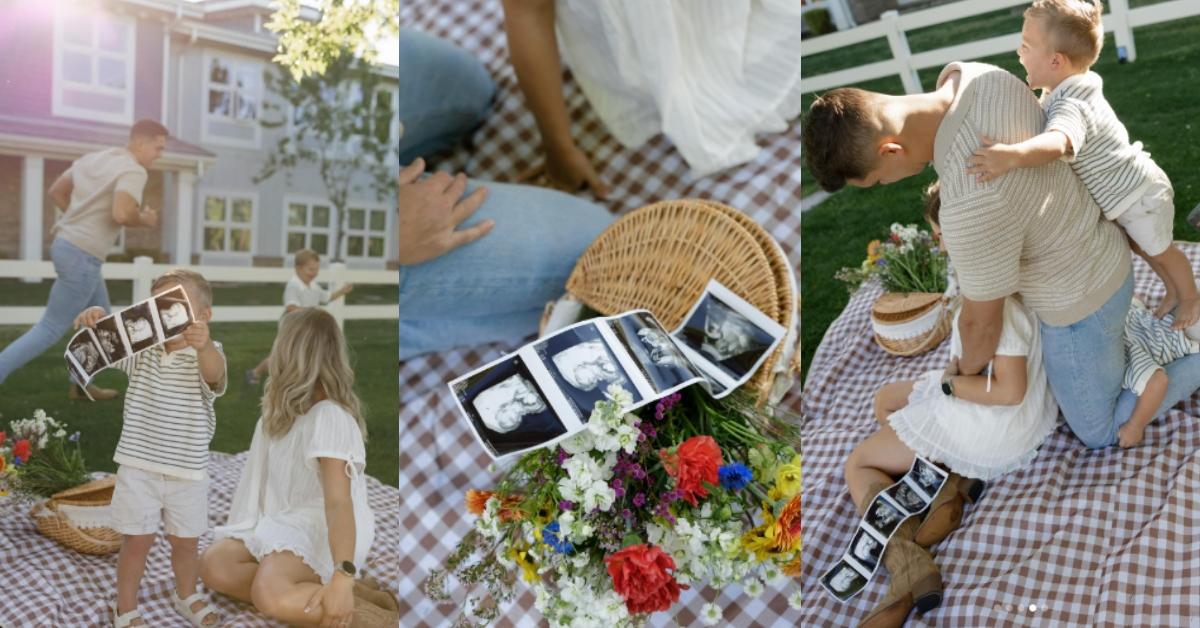 Abby and Matt Howard celebrate their pregnancy with their children at a picnic.