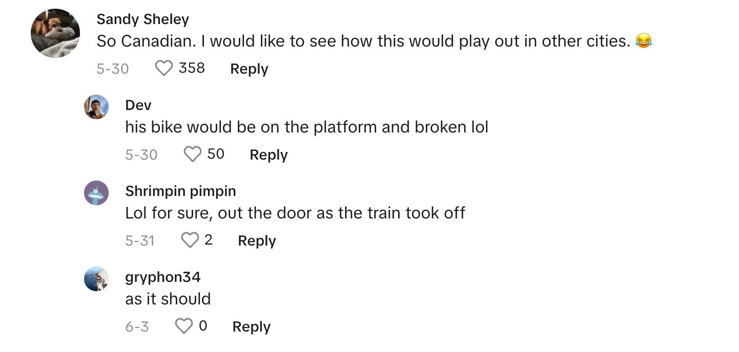 tiktok comments about bike left in middle of skytrain