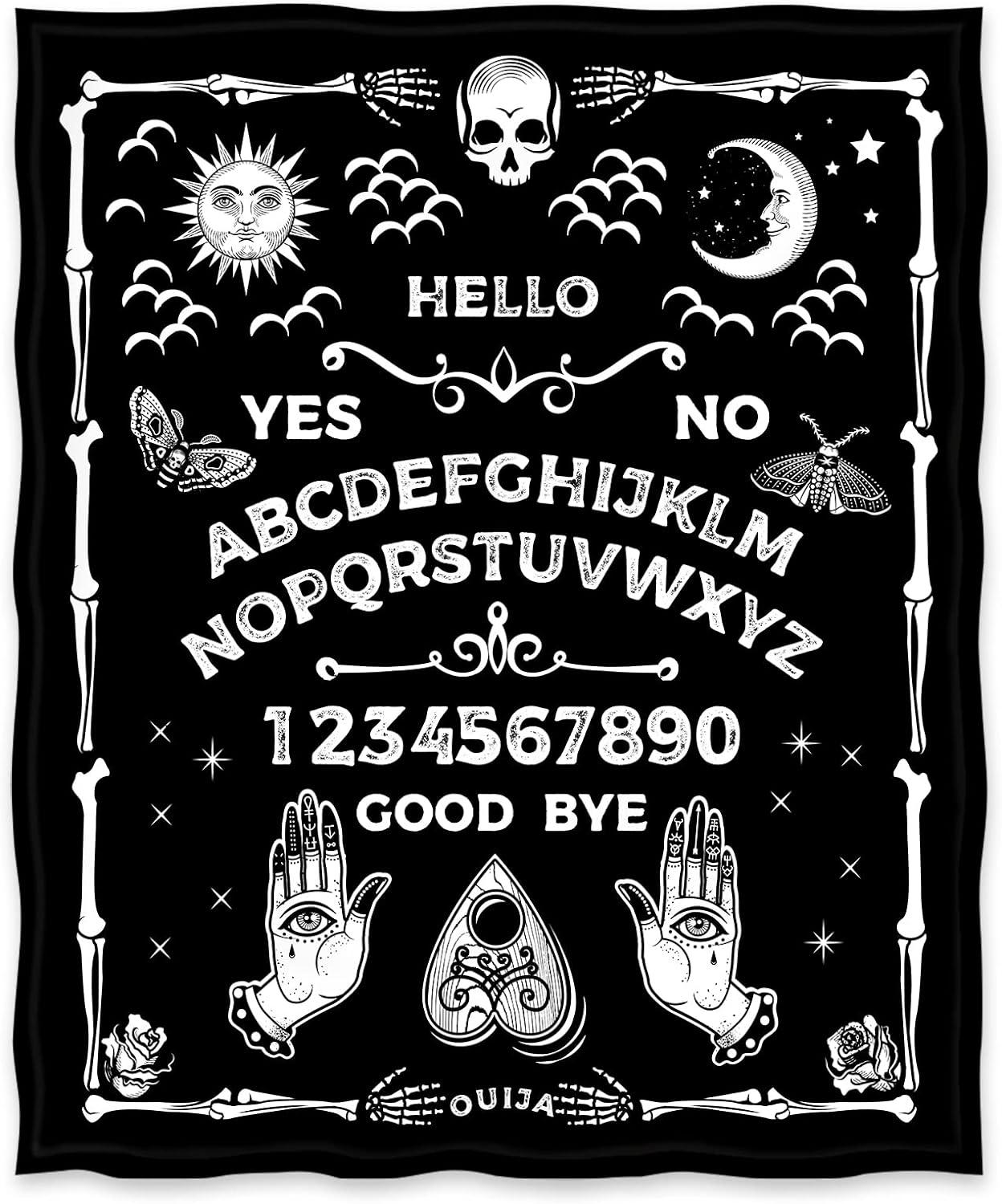 A blanket printed like a ouija board