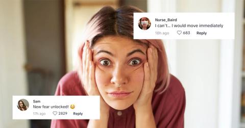 Woman in pink shirt looks surprised, puts both hands on her face, tiktok comment overlay