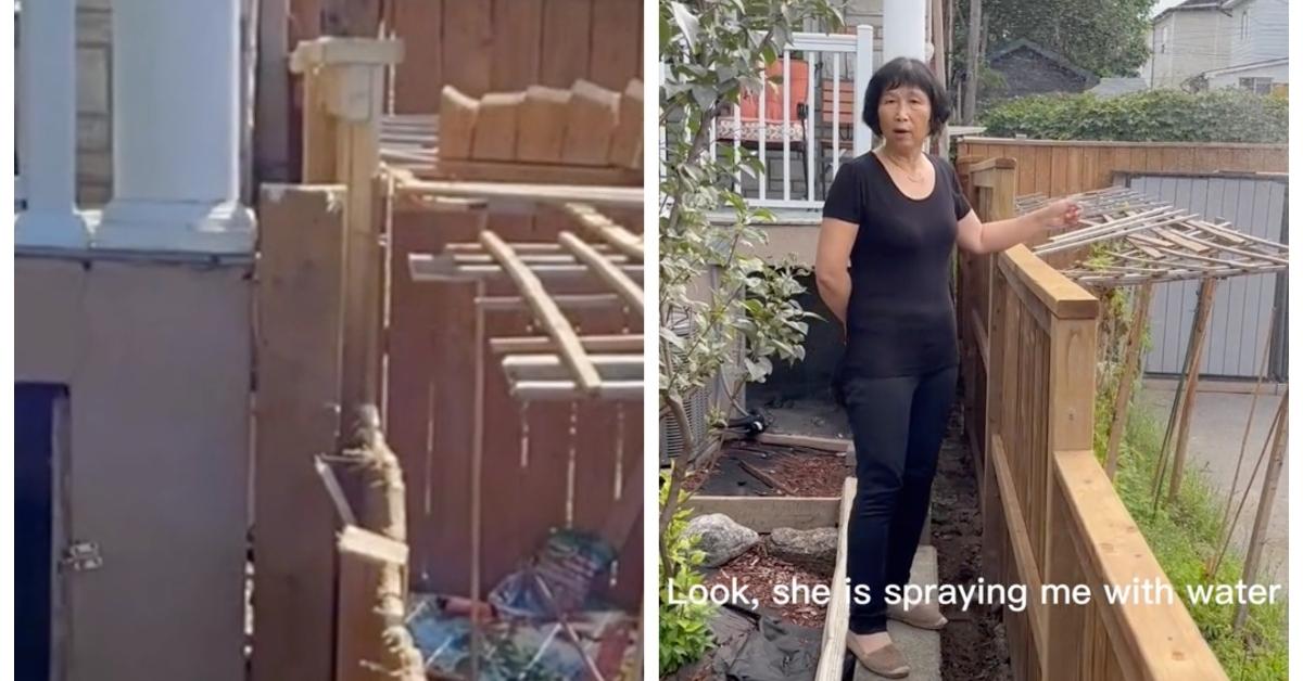 Fence lady shows how close the fence is to her home and is sprayed with water.