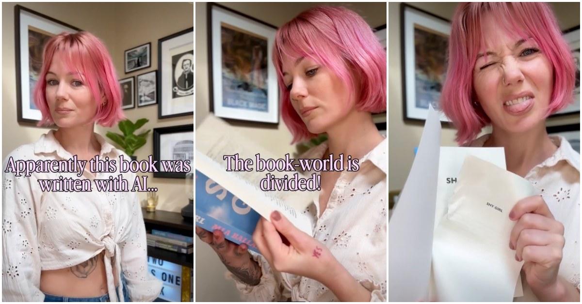 Woman tears a page out of 'Shy Girl' over AI controversy.