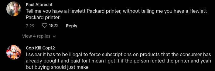 tiktoker says hp printer requires monthly subscription