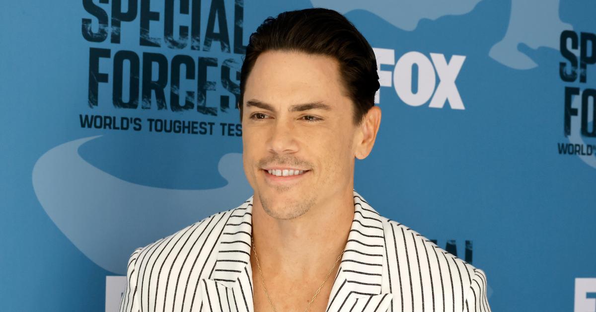 Tom Sandoval wears a pin-stripe suit on the red carpet for Fox's "Special Forces: World's Toughest Test" on Sept. 12, 2023