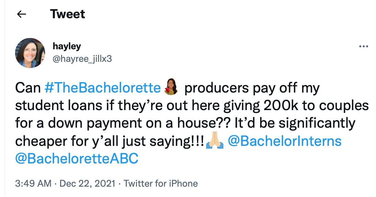 A tweet about the down payment the 'The Bachelor' family gave Michelle Young and Nayte Olukoya