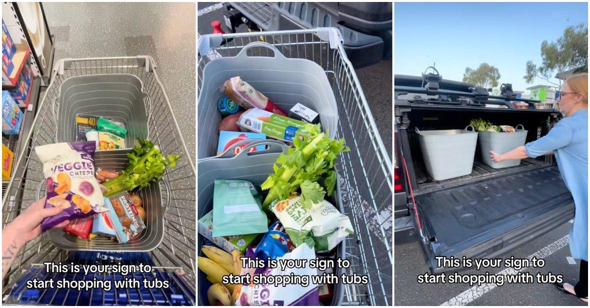 Woman shares grocery shopping hack on TikTok using tubs.