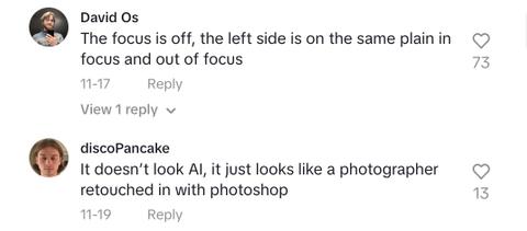 Comments on a viral post involving men and women trying to guess if a woman's image is AI-generated.