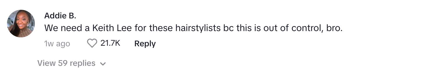 A TikTok commenter on Jo's post about IG hairstylist small claims court