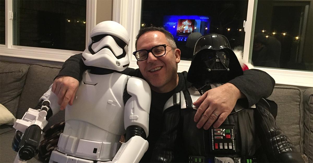 Greg Gutfeld with stormtrooper and Darth Vader costumes. 