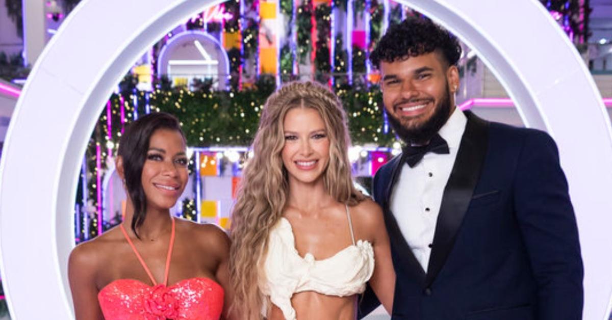 (l-r): Amaya Espinal, Ariana Madix, and Bryan Arenales celebrating their 'Love Island' win