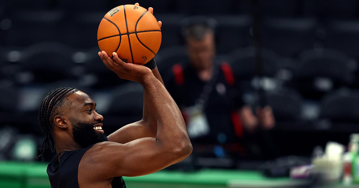 Jaylen Brown shooting during a Boston Celtics practice. 