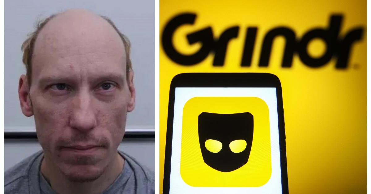 (L-R):  Stephen Port mug shot; Grindr logo