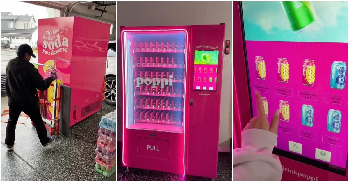 Influencer Kaelie Mae gets a Poppi vending machine delivered to her home.