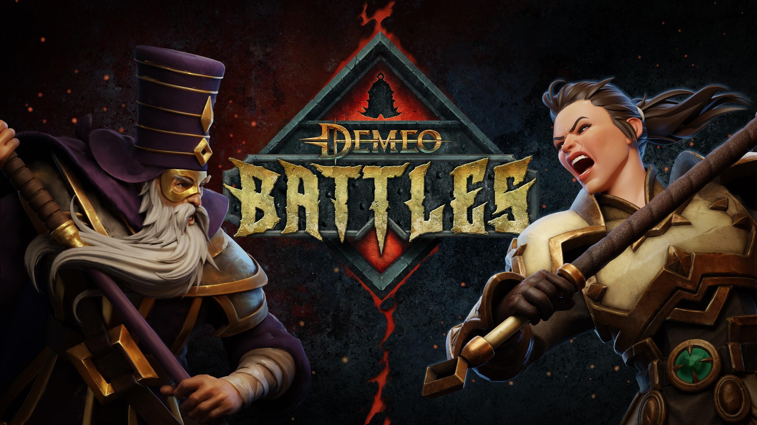 'Demeo Battles' key art showing two champions and the game's logo.