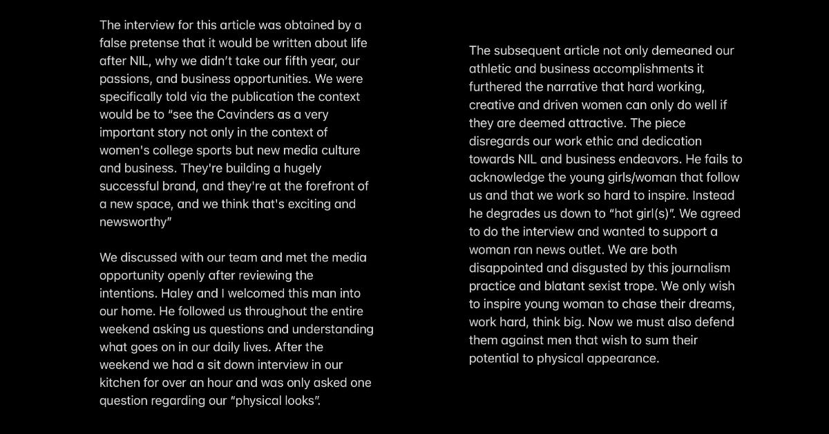 Hanna Cavinder issued a statement regarding the "sexist" article from 'The Free Press'