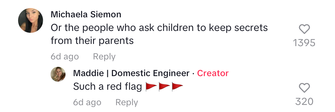 tiktok comment: "Or people who ask children to keep secrets from their parents"