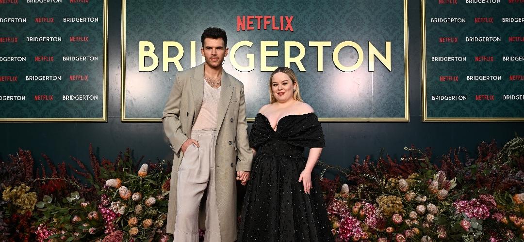  Luke Newton and Nicola Coughlan attend the "Bridgerton" Season 3 launch on the grounds of Milton Park Country House on April 21, 2024 in Bowral, Australia